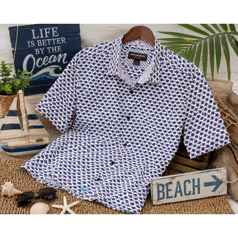 Johnston & Murphy Men's Whale Print Button Front Shirt Short Sleeve Size L